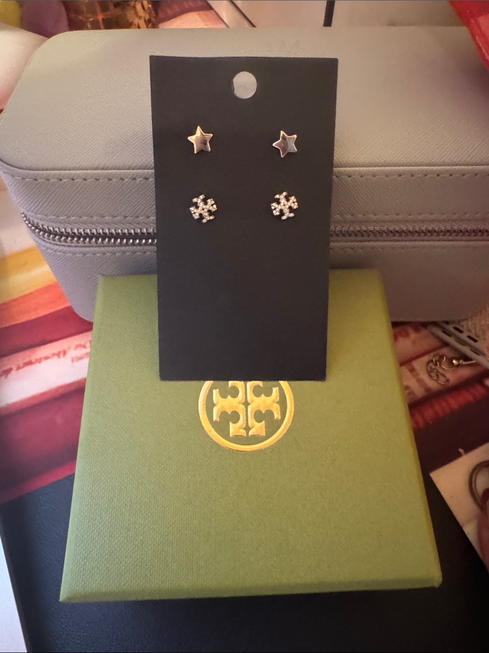 Tory Burch Gold Star and Logo Crystal Stud Earring Set